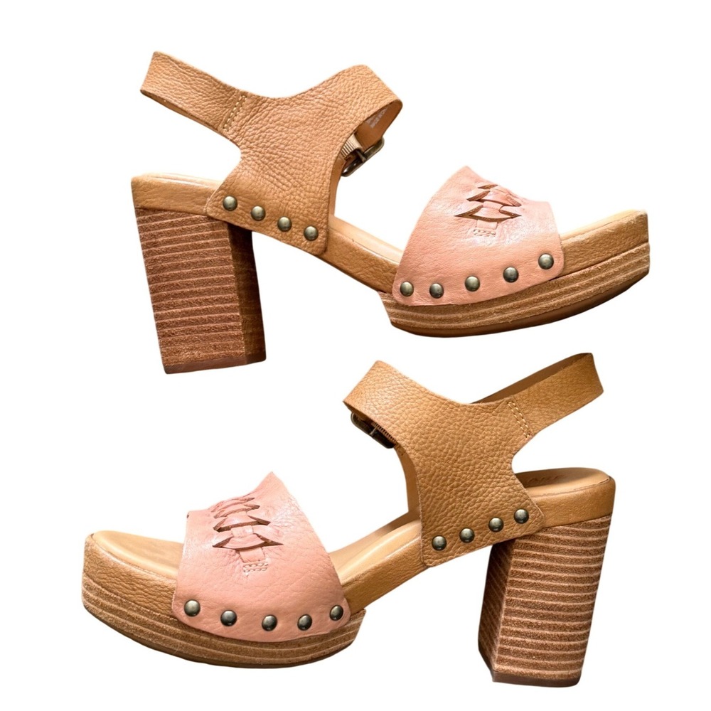Kork Ease Leather Platform Sandals Women 8 Heels Brown Woven Strap Boho Chunky - Picture 3 of 12